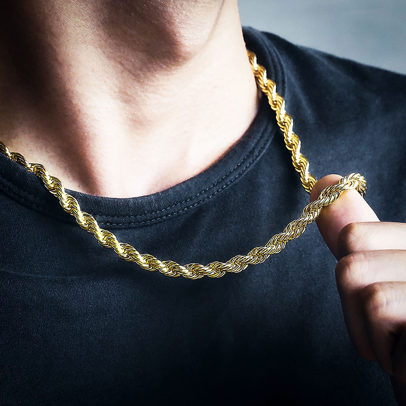 6mm 18-24inch 14K Yellow Gold Plated 316L Stainless Steel Twisted Rope Chain Necklace for Men Women Fashion Jewelry Gift