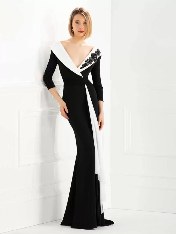 Black and White Mermaid Dresses with Long Sleeve Beaded Stain Sexy Trumpet Occasion Mother of the Bride Gown