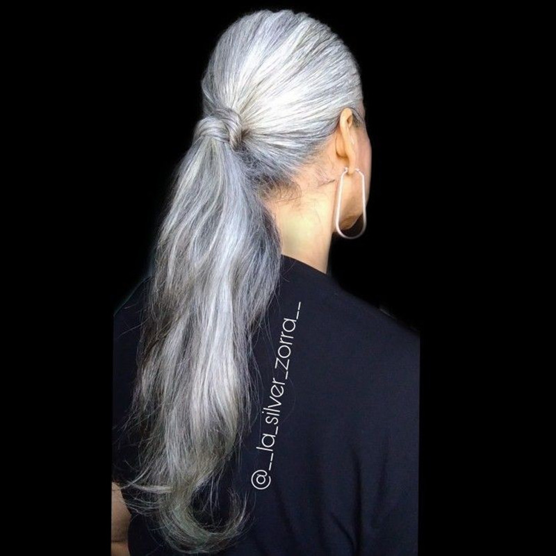 Salt and pepper silver grey human hair ponytail natural mixedl gray hair pony tail wraps around drawstring long seamless clip ins hair extension Diva1