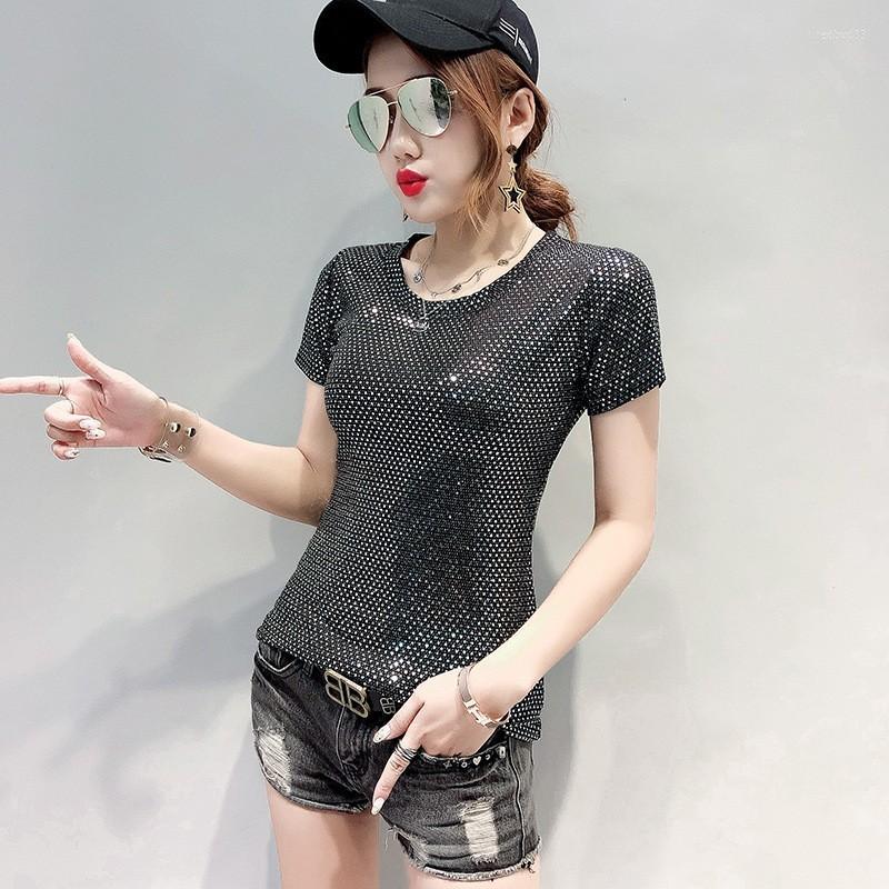 Womens T Shirts Fashion Women Bling T-shirt Summer Short Sleeve Slim Fit Tees Female Cloth Top O Neck Stretchy Night Clubwear