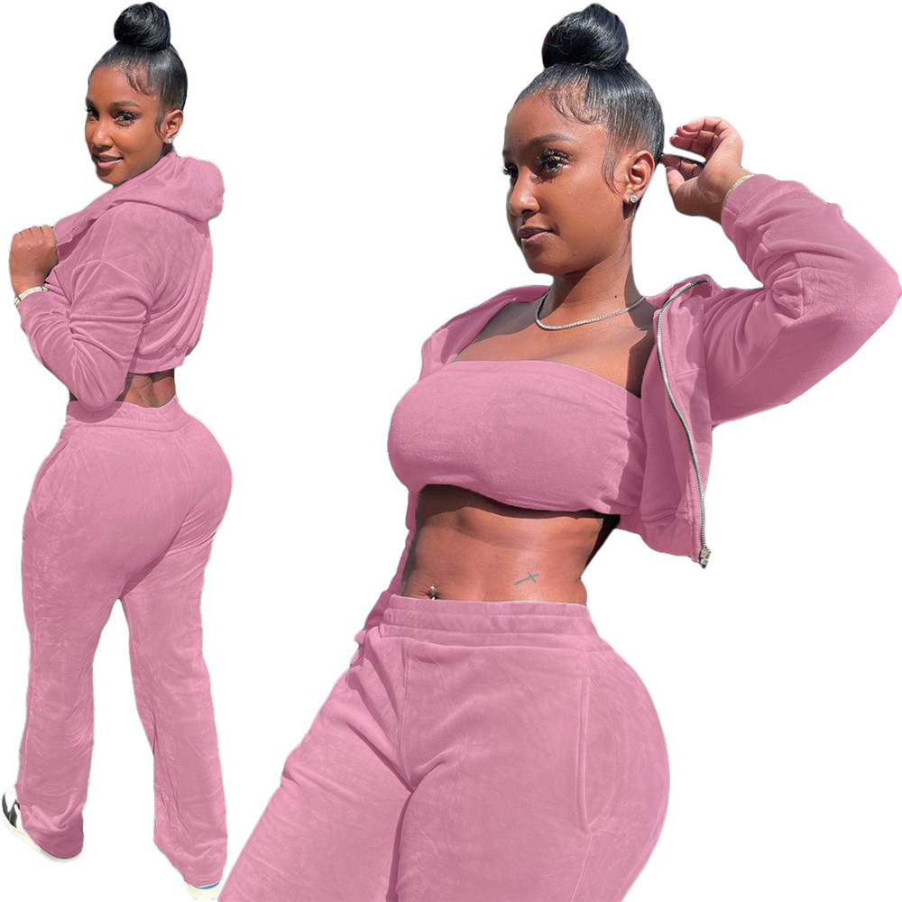 Fall Winter 3 Pieces Set Women Velvet Tracksuits Long Sleeve Sweatsuits Casual Hooded Jacket Tank Top Pants Matching Sets Velour Sports Suits Sportswe