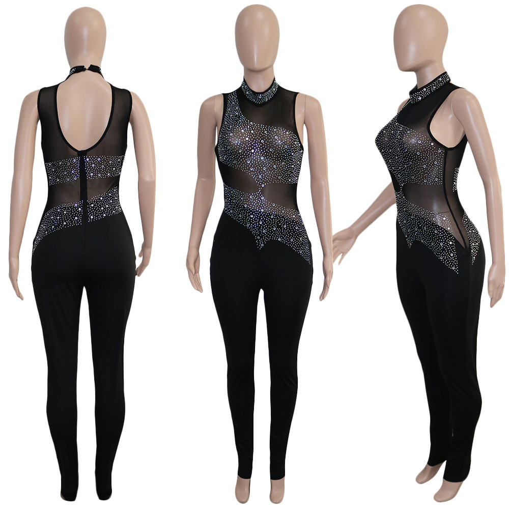 Wholesale Jumpsuits Women Diamonds Bodycon Rompers Sexy See Through Mesh Sleeveless Jumpsuits Fashion One Piece Outfits Night Club Wear 9130