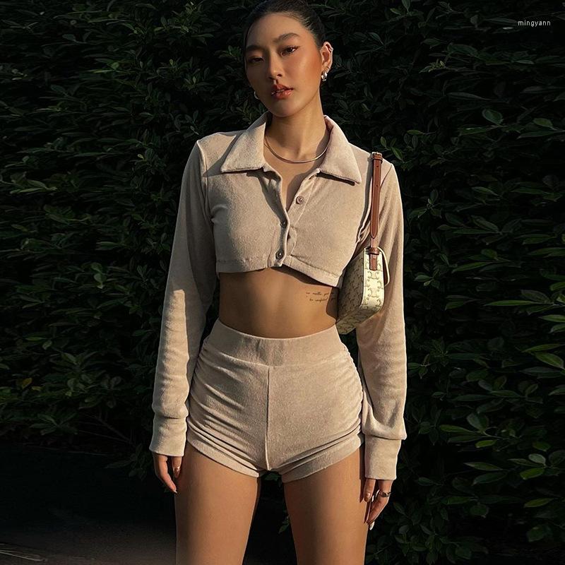 Women' Tracksuits Women Casual Shorts Set Two Piece Suit Outfits Lapel Button Up Long Sleeve Cropped Tops High Waist Drawstring Clothes, Khaki
Women' Tracksuits Women Casual Shorts Set Two Piece Suit Outfits Lapel Button Up Long Sleeve Cropped Tops High Waist Drawstring Clothes, Khaki