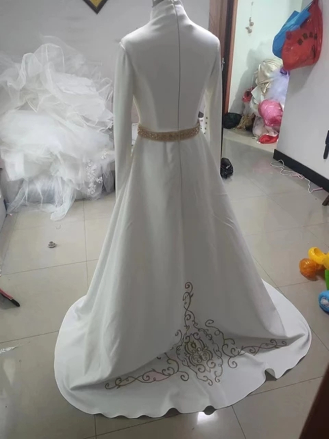 2023 Kaftan Embroidery A Line Wedding Dresses High Neck Long Sleeves White Satin Moroccan Arabic Muslim Bridal Gowns Court Train Traditional Vestido D