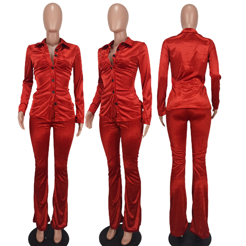Wholesale Velvet Sweatsuits Women Clothes Fall Winter Tracksuits Long Sleeve Shirt Flare Pants Two Piece Set Matching Outfit Casual Clothing Bulk 9058