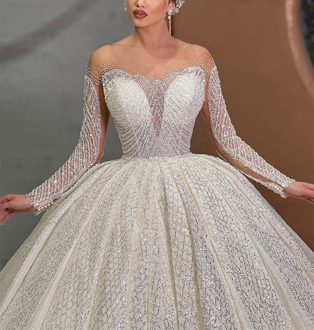 Elegant Ball Gown Wedding Dresses Deep V Neck Long Sleeves Strapless Beads Applique Sequins 3D Lace Ruffles Sparkly Plus Size Formal Bridal Gowns Cust