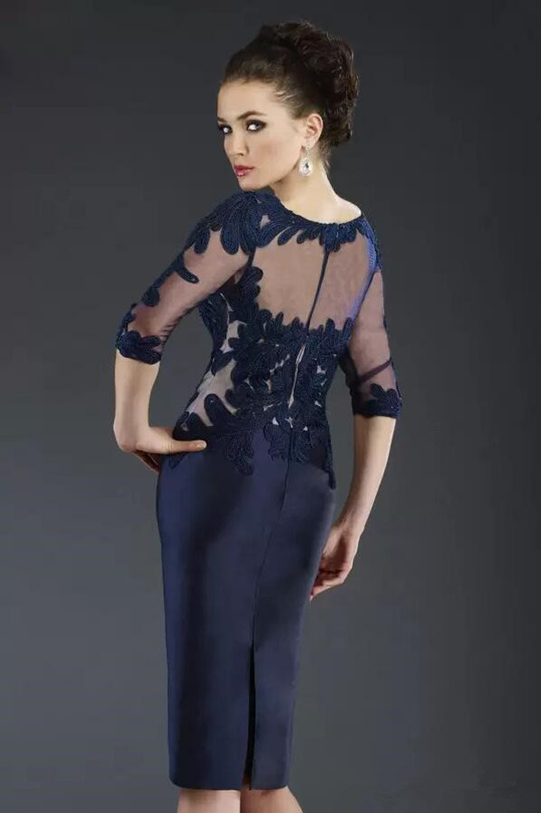 Navy Blue Mother of The Bride Dresses Jewel Half Sleeve Lace Applique Wedding Guest Dress Knee Length Evening Gown