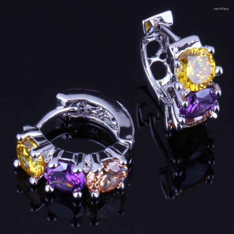 Hoop Earrings Glowing Yellow Purple Brown Cubic Zirconia Silver Plated Huggie V0170
