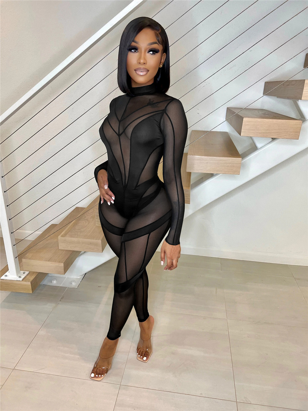 Wholesale Mesh Jumpsuits Women Patchwork Rompers Sexy Bodycon See Through Long Sleeve Jumpsuits One Piece Outfits Autumn Clothes Night Club Wear 9111