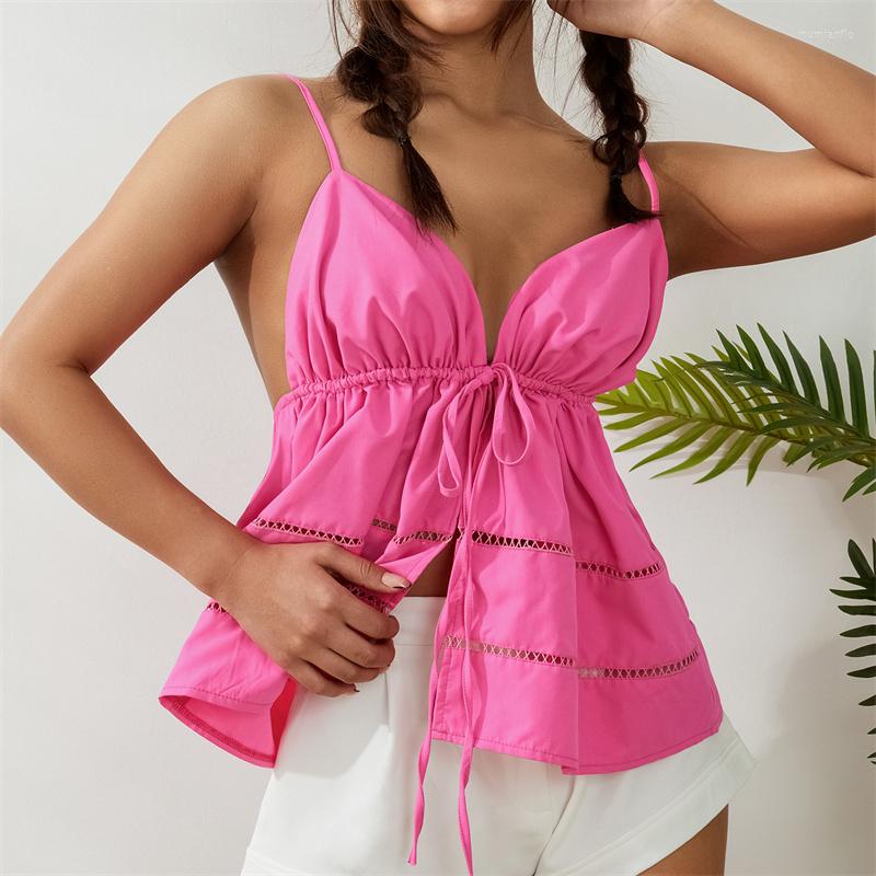 

Women' Tanks Women Sexy Plunging Neckline Camisole Summer Pink Solid Color Open Front Tie-up Cropped Tops / M/ L