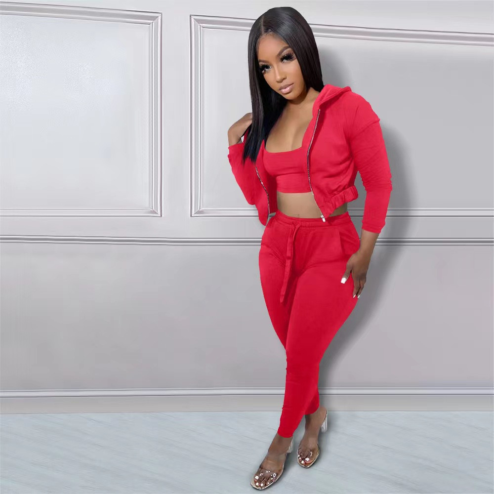 Fall Winter 3 Pieces Sets Women Tracksuits Long Sleeve Sweatsuits Casual Hooded Jacket Tank Top Pants Matching Sets Casual Sports Suits Sportswear 848