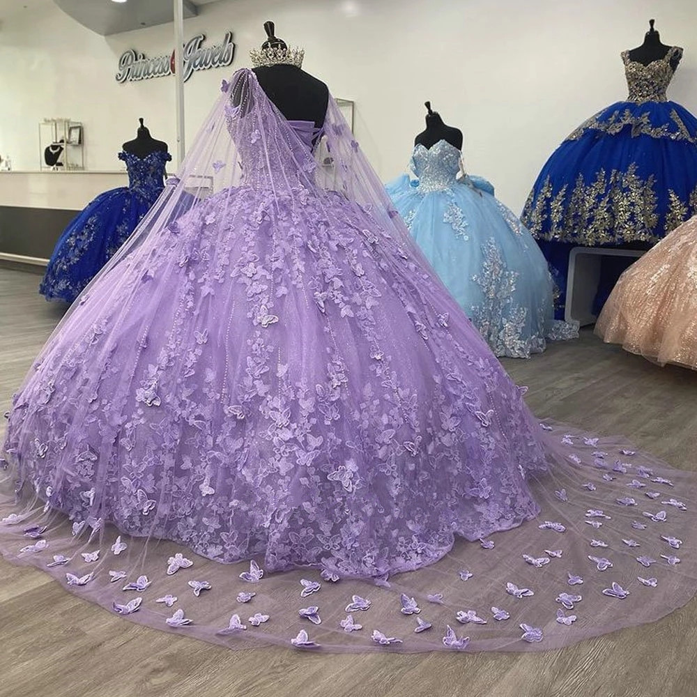 Lavender 3D Butterfly Quinceanera Dresses With Capes Crystal Beading Corset Sweet 15 16 Princess vestidos de quinceanera