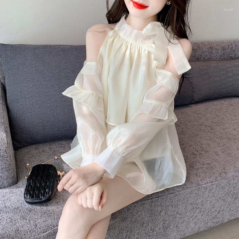 Women's Blouses Chiffon Long Sleeved Strapless Spring Autumn Top Shirts Fashion 2022 Vintage Clothes For Women Female Clothing, Blue 
Women's Blouses Chiffon Long Sleeved Strapless Spring Autumn Top Shirts Fashion 2022 Vintage Clothes For Women Female Clothing, Blue
