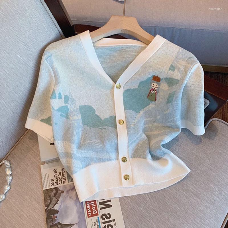 Women' Knits 2022 Summer Thin Knitted Cardigan Korean Fashion Printing Sweater Coat Causal Short Sleeve V-neck Women Tops Mujer, Light blue
Women' Knits 2022 Summer Thin Knitted Cardigan Korean Fashion Printing Sweater Coat Causal Short Sleeve V-neck Women Tops Mujer, Light blue