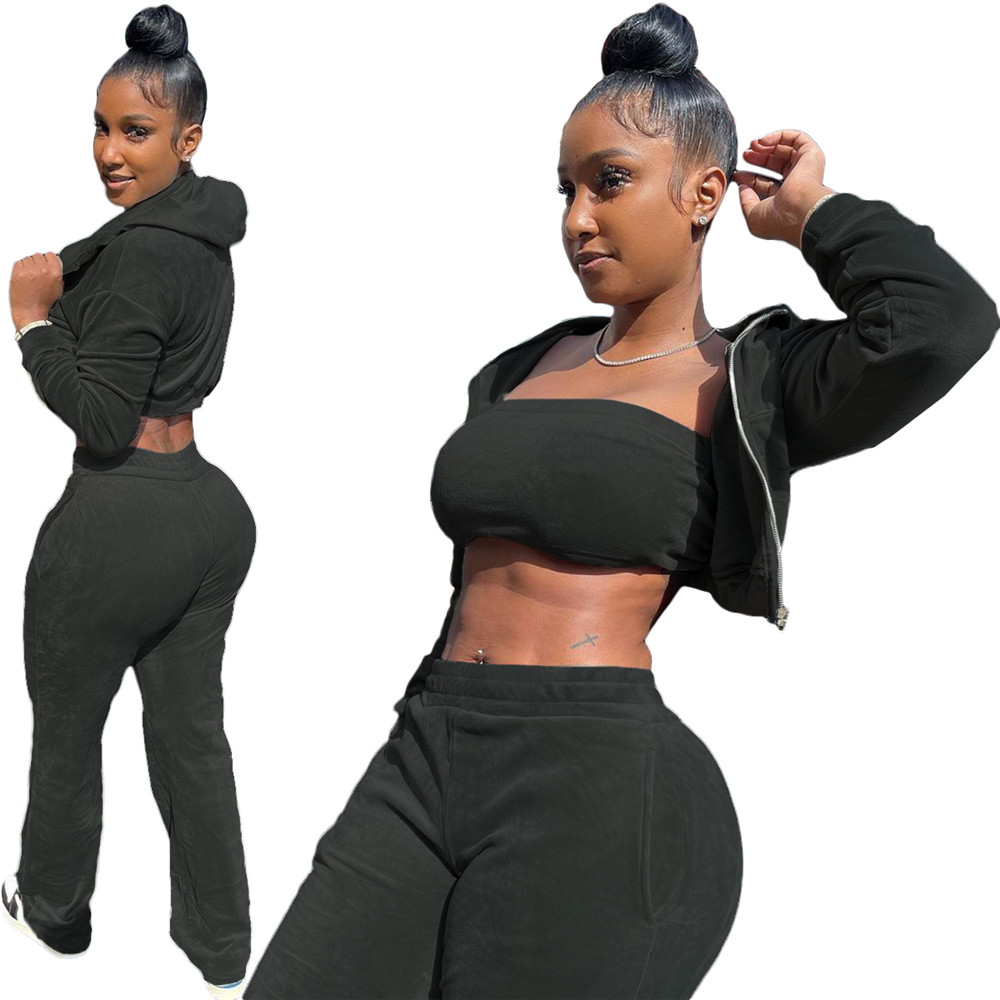 Fall Winter 3 Pieces Set Women Velvet Tracksuits Long Sleeve Sweatsuits Casual Hooded Jacket Tank Top Pants Matching Sets Velour Sports Suits Sportswe