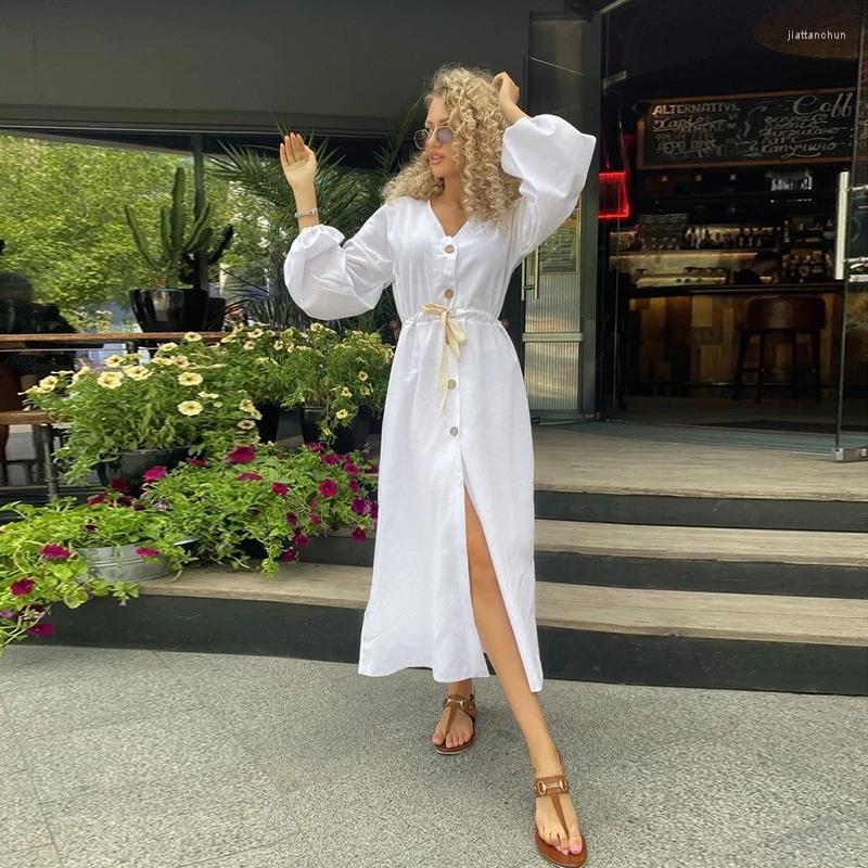 Casual Dresses Women Vintage Front Button Sashes A-line Dress Lantern Sleeve Sexy V Neck White Party 2022 Autumn Fashion
Casual Dresses Women Vintage Front Button Sashes A-line Dress Lantern Sleeve Sexy V Neck White Party 2022 Autumn Fashion