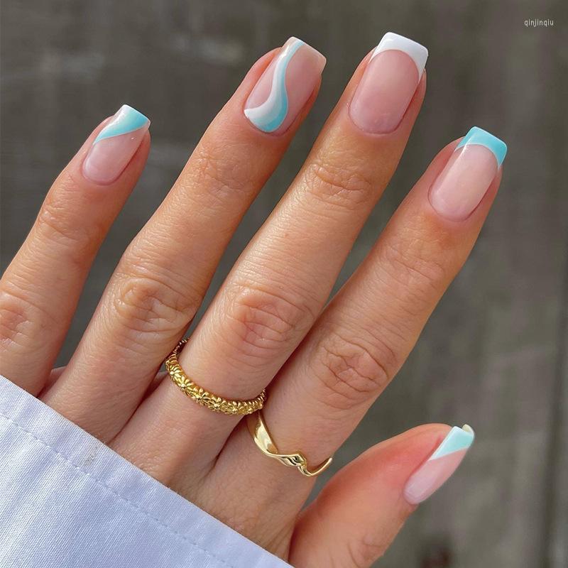 False Nails 24Pcs Short Ballet Press On Square Wearable French Blue White Lines Design Fake Full Cover Nail Tips, 108
False Nails 24Pcs Short Ballet Press On Square Wearable French Blue White Lines Design Fake Full Cover Nail Tips, 108