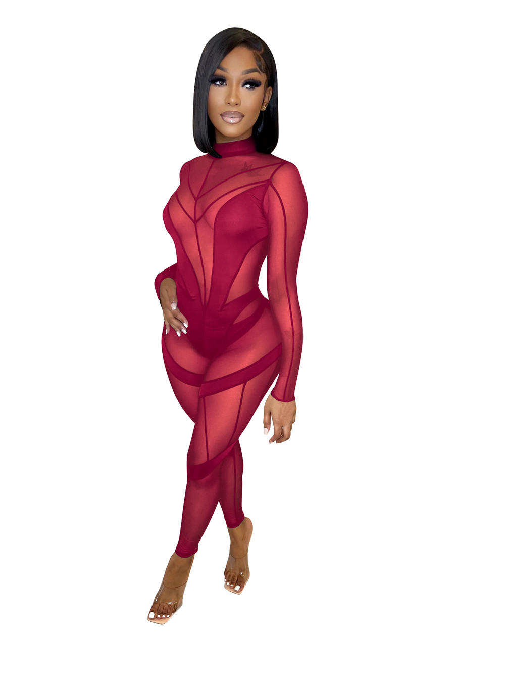 Wholesale Mesh Jumpsuits Women Patchwork Rompers Sexy Bodycon See Through Long Sleeve Jumpsuits One Piece Outfits Autumn Clothes Night Club Wear 9111