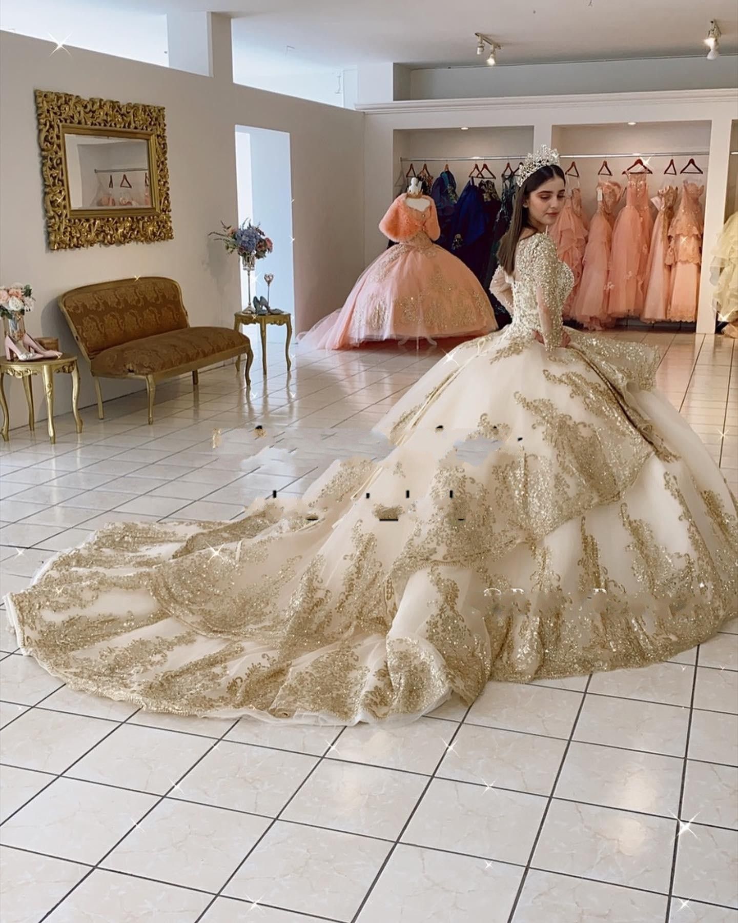 2023 Champagne Gold Quinceanera Dresses Sequins Applique Tulle Scoop Neck Tiered Ruffles Floor Length Sweet 16 Birthday Party Prom Ball Formal Evening
