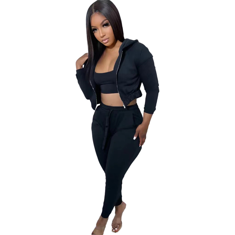 Fall Winter 3 Pieces Sets Women Tracksuits Long Sleeve Sweatsuits Casual Hooded Jacket Tank Top Pants Matching Sets Casual Sports Suits Sportswear 848