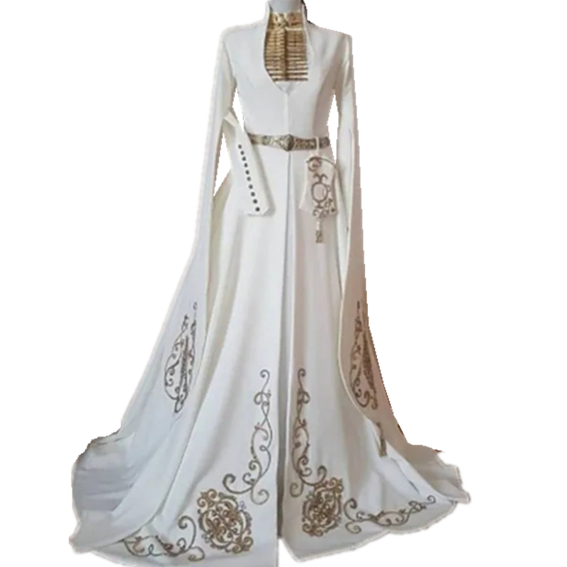 2023 Kaftan Embroidery A Line Wedding Dresses High Neck Long Sleeves White Satin Moroccan Arabic Muslim Bridal Gowns Court Train Traditional Vestido D