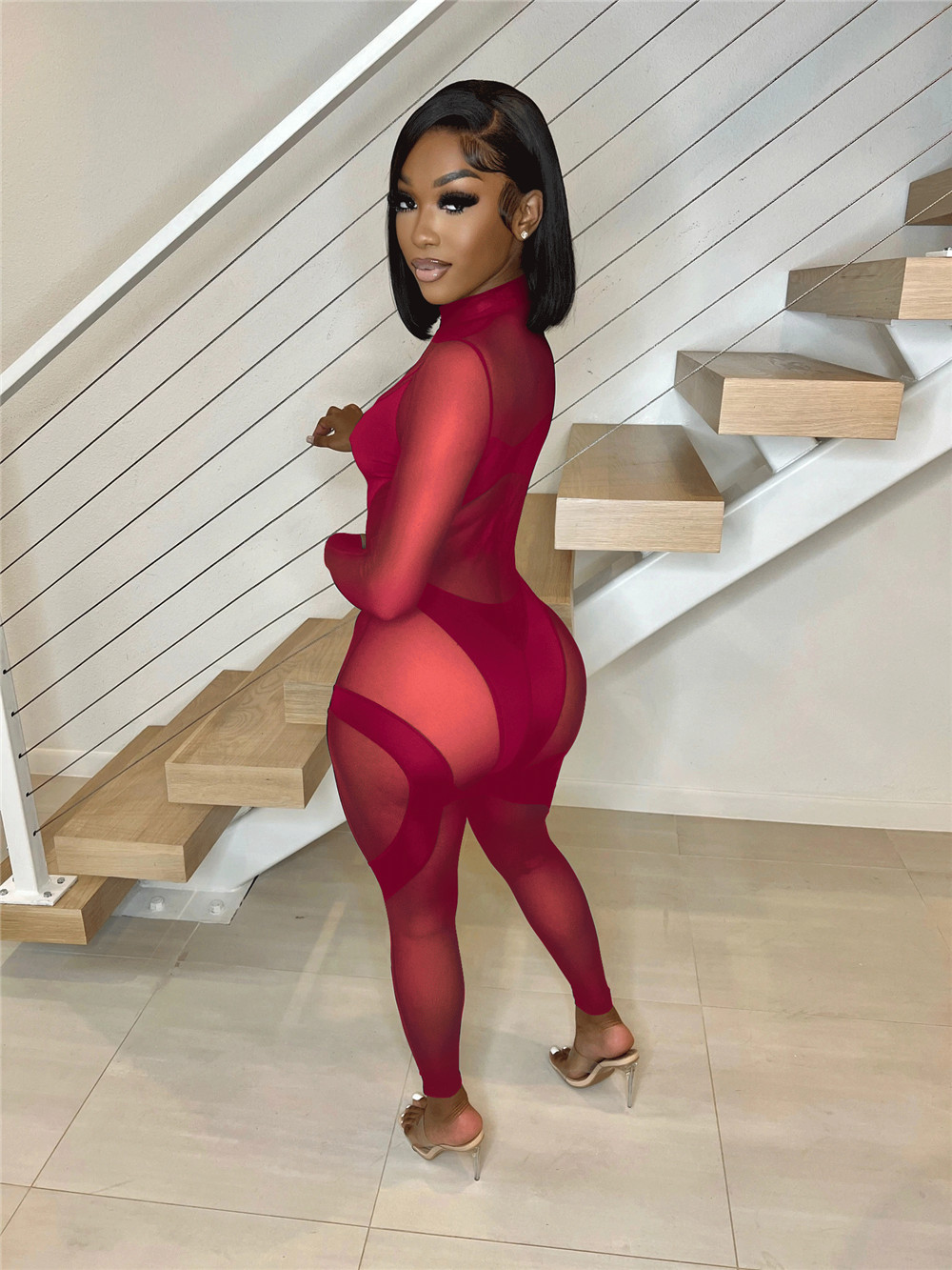 Wholesale Mesh Jumpsuits Women Patchwork Rompers Sexy Bodycon See Through Long Sleeve Jumpsuits One Piece Outfits Autumn Clothes Night Club Wear 9111