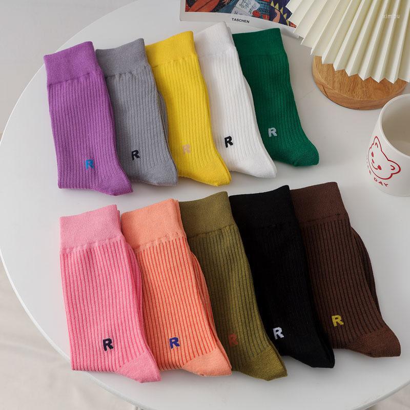 Women Socks Ladies Solid Color Letter Loose Vertical Strip Pile, A5