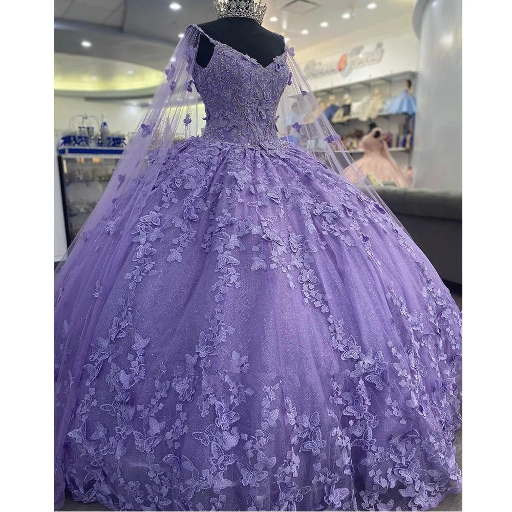 Lavender 3D Butterfly Quinceanera Dresses With Capes Crystal Beading Corset Sweet 15 16 Princess vestidos de quinceanera