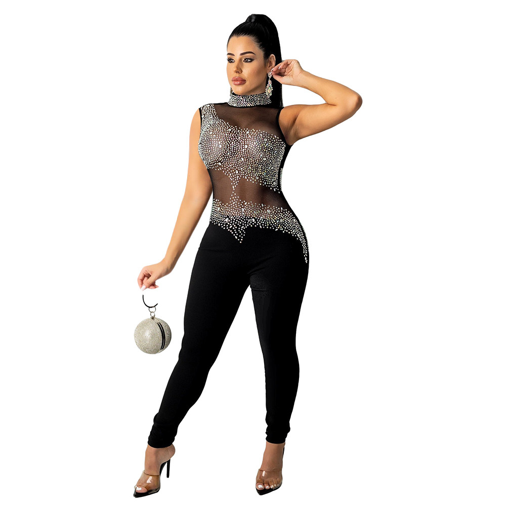 Wholesale Jumpsuits Women Diamonds Bodycon Rompers Sexy See Through Mesh Sleeveless Jumpsuits Fashion One Piece Outfits Night Club Wear 9130
