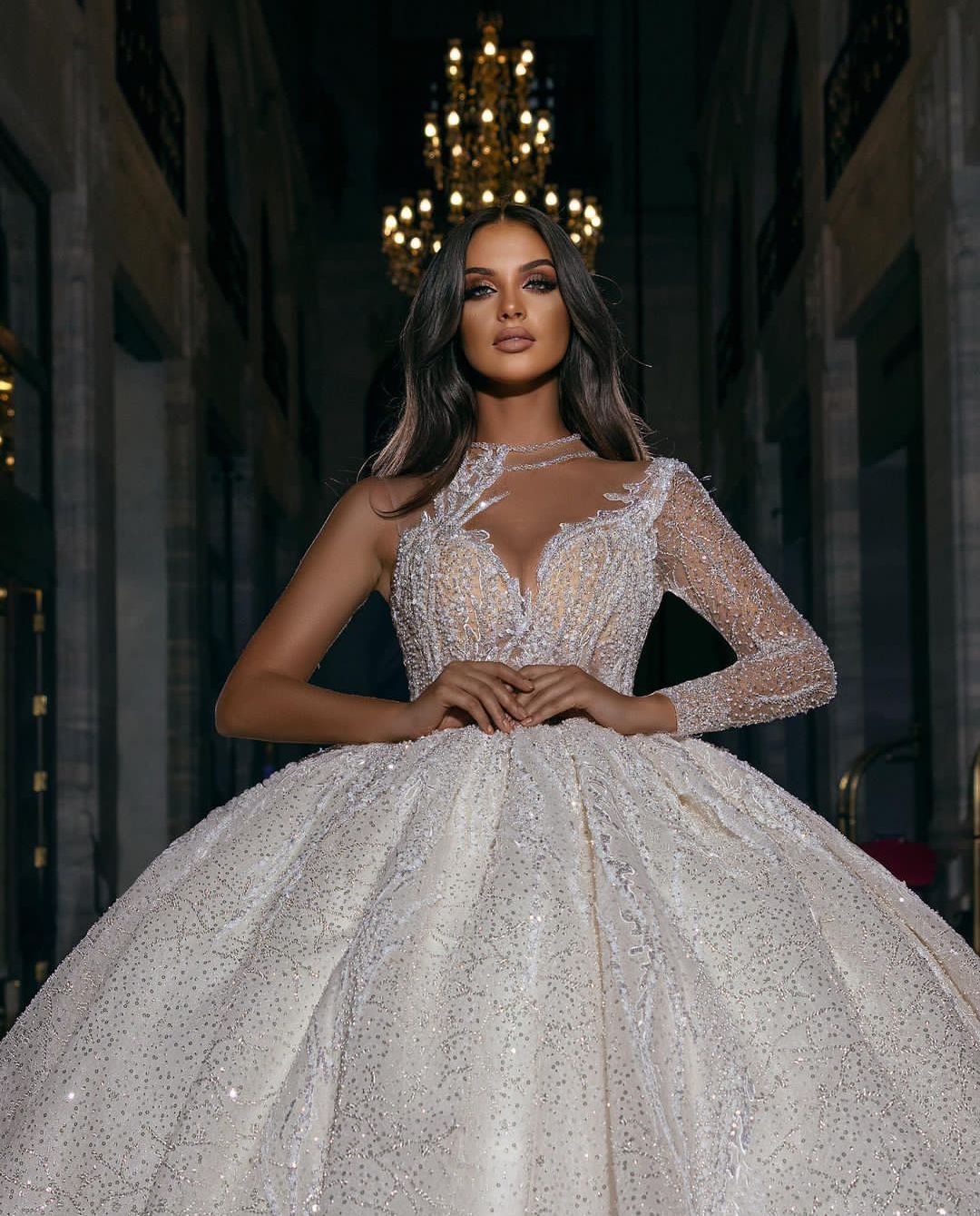 Luxury Ball Gown Wedding Dresses Deep V Neck One Long Sleeve Halter Beads Appliques Sequins 3D Lace Ruffles Celebrity Sparkly Plus Size Bridal Gowns C