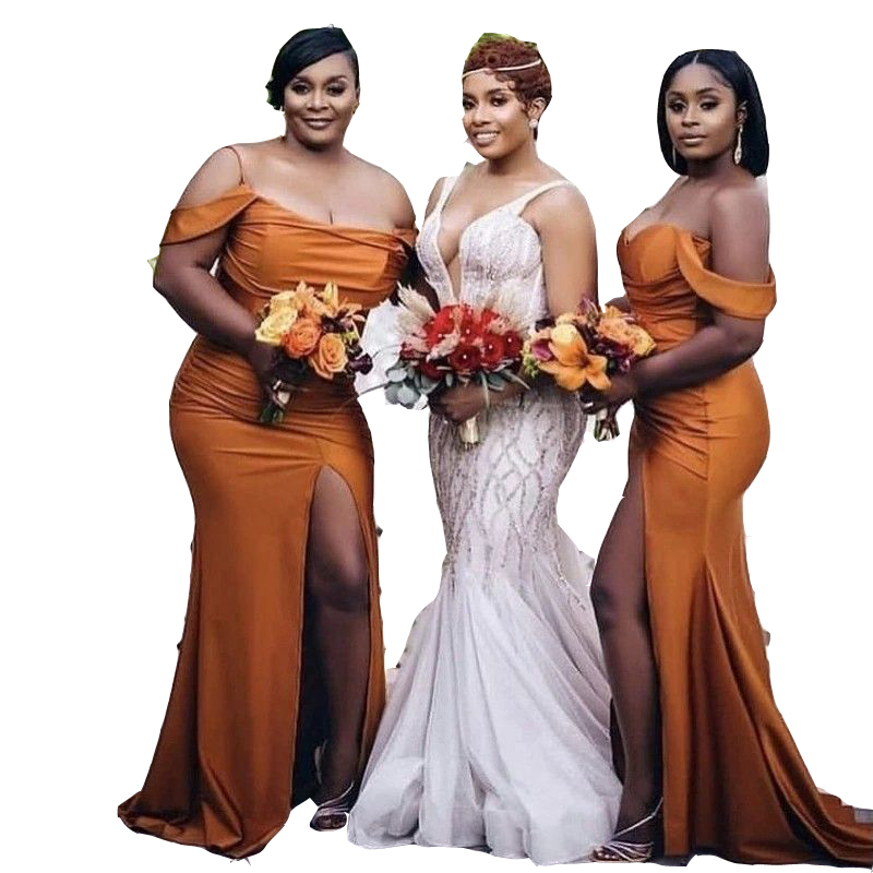 Sexy Arabic Long Bridesmaid Dresses For Weddings Silk Satin Orange Mermaid Off Shoulder Party Sweep Train Maid Honor Gowns Side Split Spaghetti Straps