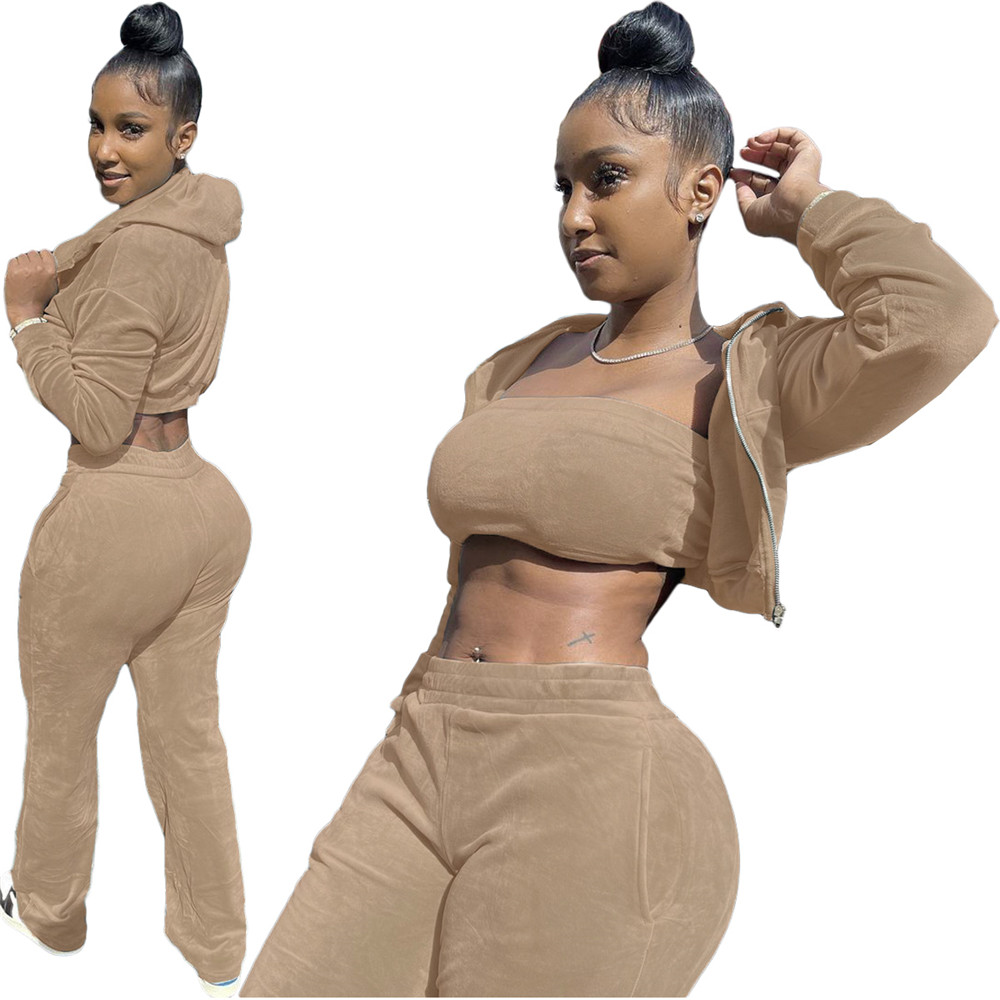 Fall Winter 3 Pieces Set Women Velvet Tracksuits Long Sleeve Sweatsuits Casual Hooded Jacket Tank Top Pants Matching Sets Velour Sports Suits Sportswe