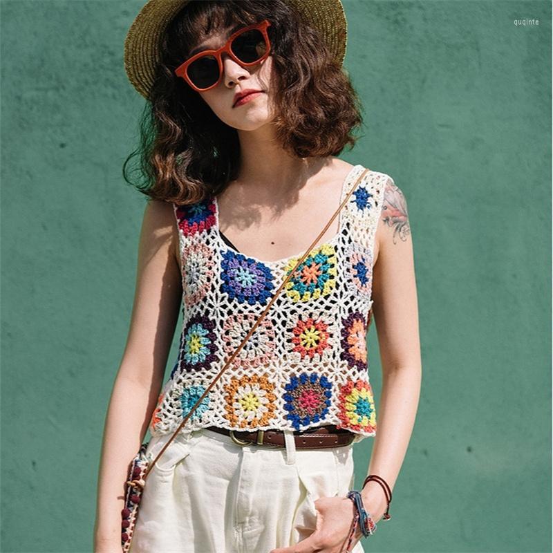 

Women's Tanks Women's Summer Sleeveless Crop Tops Colorful Hand Crochet Embroidery Openwork Knit Tank Fashion Vest, Beige