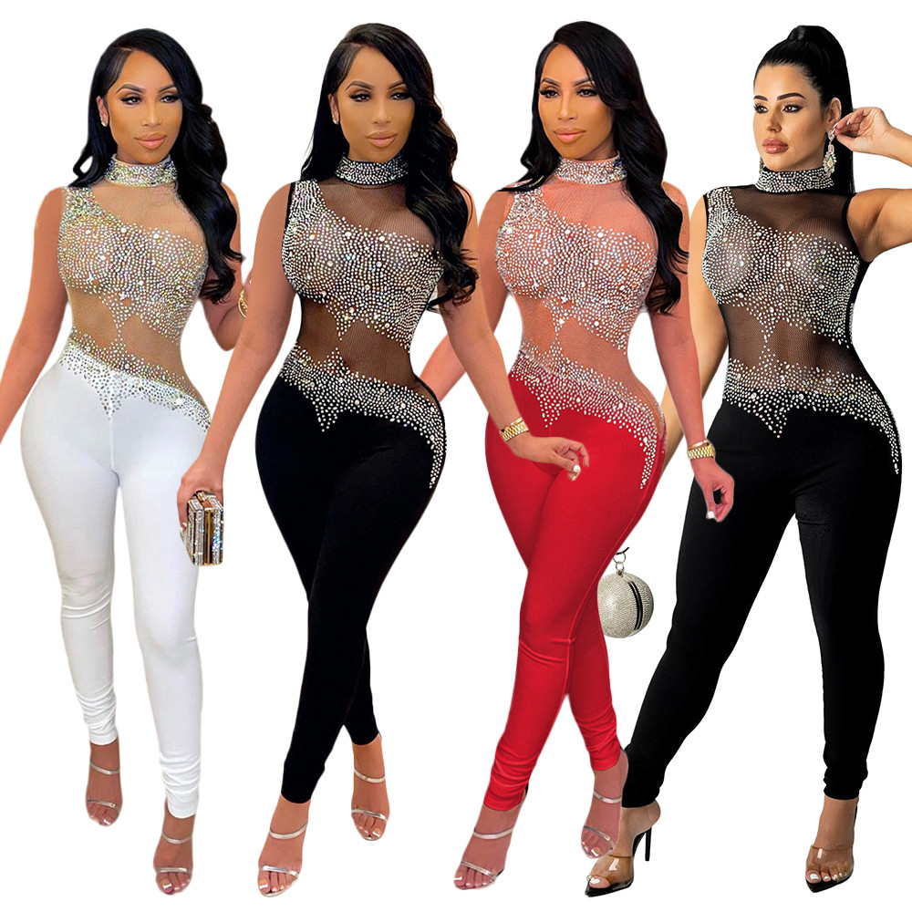 Wholesale Jumpsuits Women Diamonds Bodycon Rompers Sexy See Through Mesh Sleeveless Jumpsuits Fashion One Piece Outfits Night Club Wear 9130