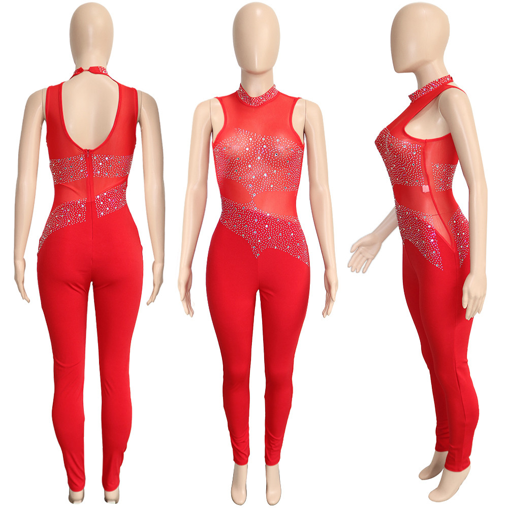 Wholesale Jumpsuits Women Diamonds Bodycon Rompers Sexy See Through Mesh Sleeveless Jumpsuits Fashion One Piece Outfits Night Club Wear 9130
