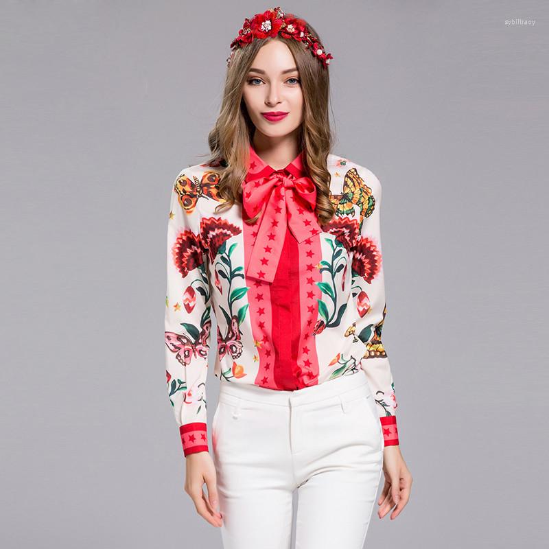 Women's Blouses High Quality Blouse Women's Long Sleeve Bow Collar Charming Floral Print Shirt Fashion Casual Top, Black