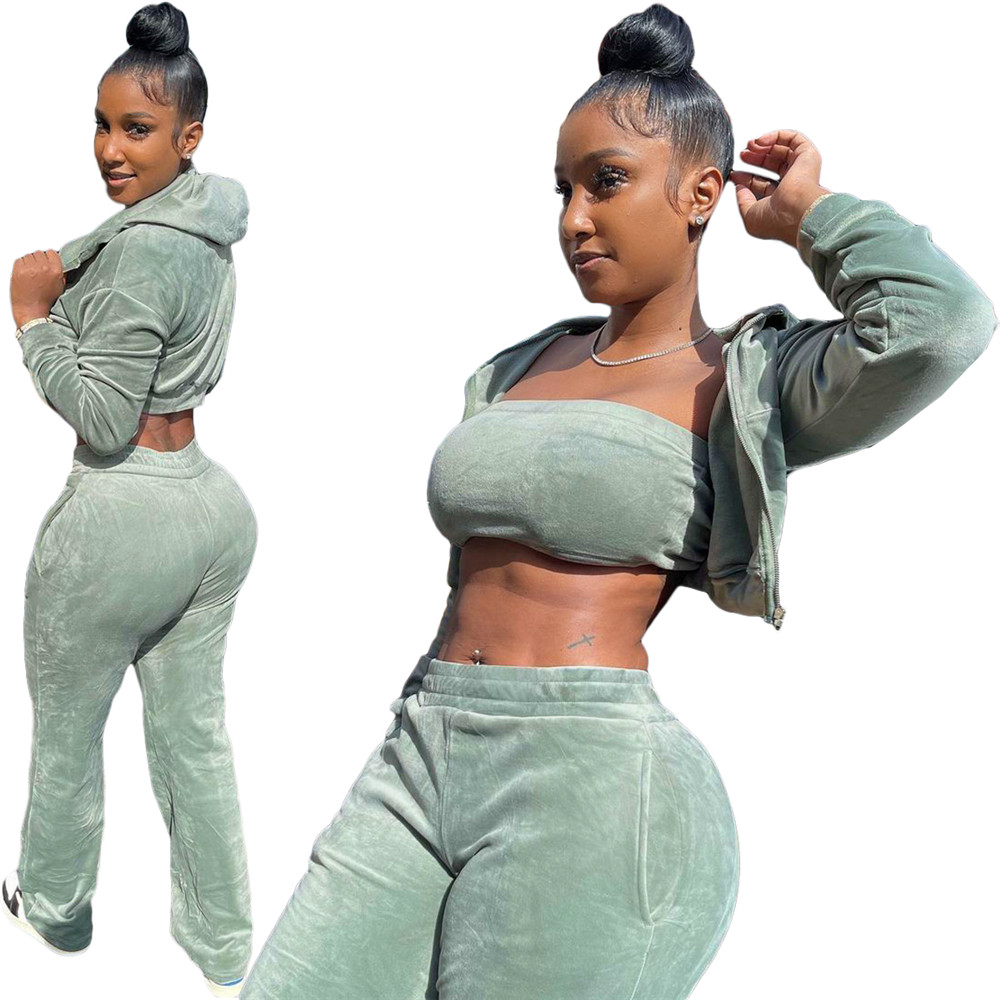 Fall Winter 3 Pieces Set Women Velvet Tracksuits Long Sleeve Sweatsuits Casual Hooded Jacket Tank Top Pants Matching Sets Velour Sports Suits Sportswe