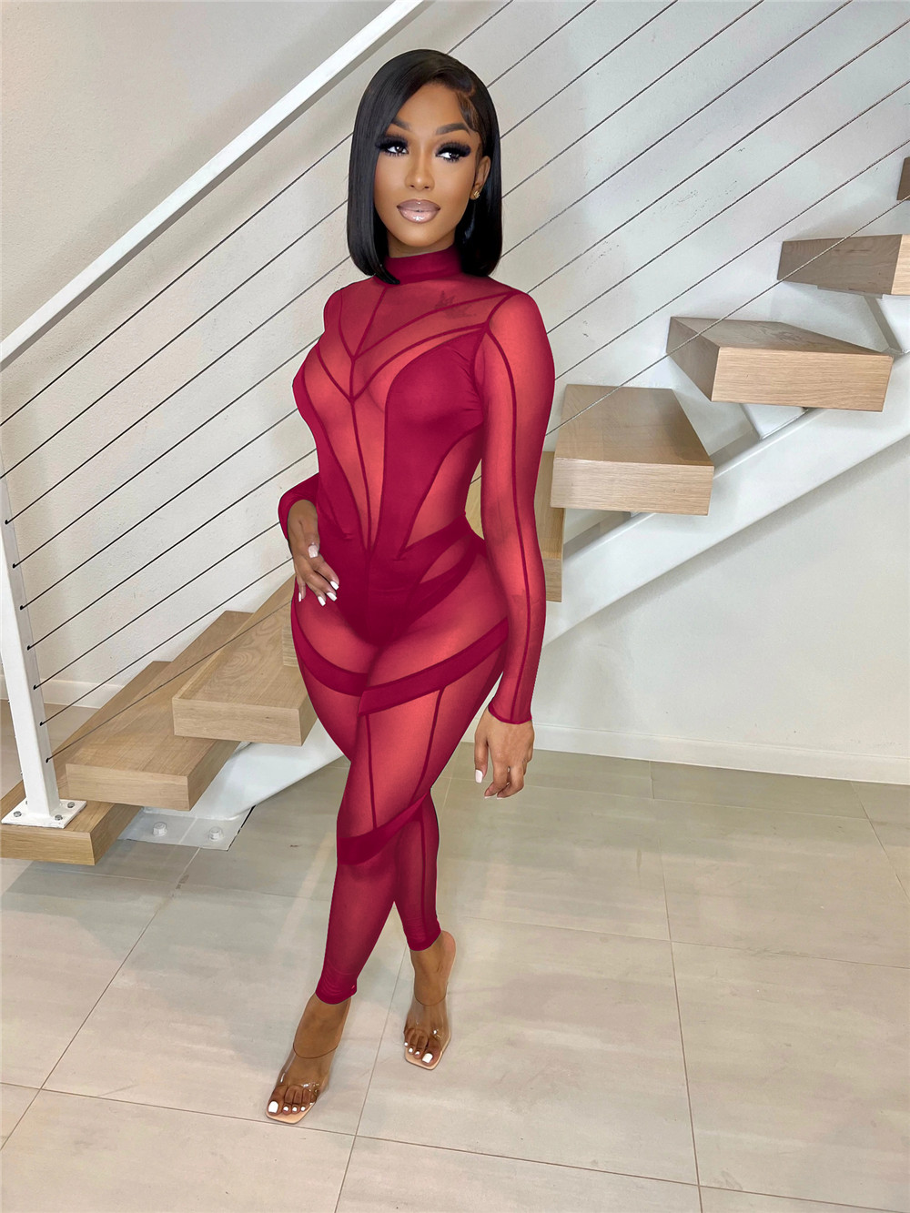 Wholesale Mesh Jumpsuits Women Patchwork Rompers Sexy Bodycon See Through Long Sleeve Jumpsuits One Piece Outfits Autumn Clothes Night Club Wear 9111