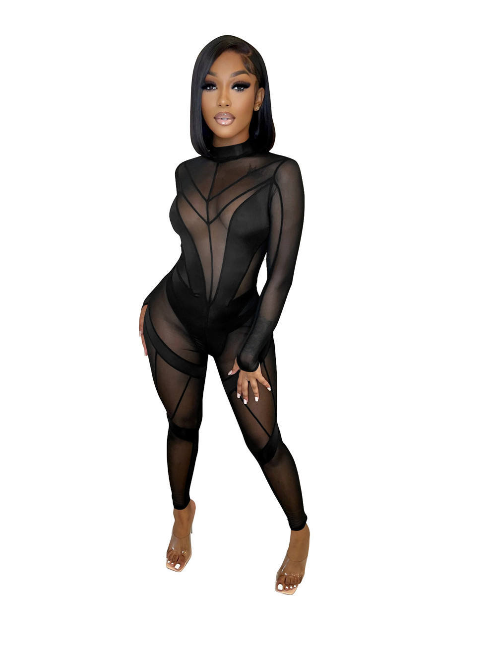 Wholesale Mesh Jumpsuits Women Patchwork Rompers Sexy Bodycon See Through Long Sleeve Jumpsuits One Piece Outfits Autumn Clothes Night Club Wear 9111