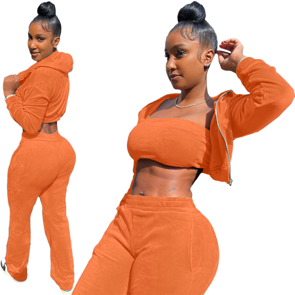 Fall Winter 3 Pieces Set Women Velvet Tracksuits Long Sleeve Sweatsuits Casual Hooded Jacket Tank Top Pants Matching Sets Velour Sports Suits Sportswe