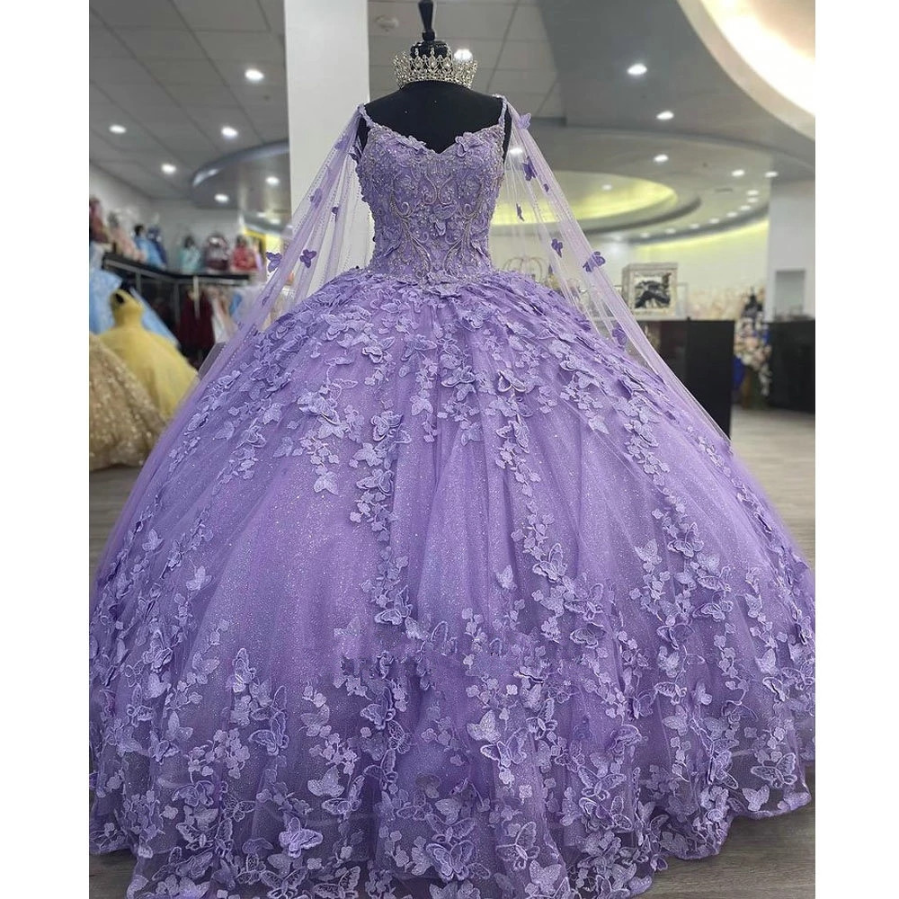 Lavender 3D Butterfly Quinceanera Dresses With Capes Crystal Beading Corset Sweet 15 16 Princess vestidos de quinceanera