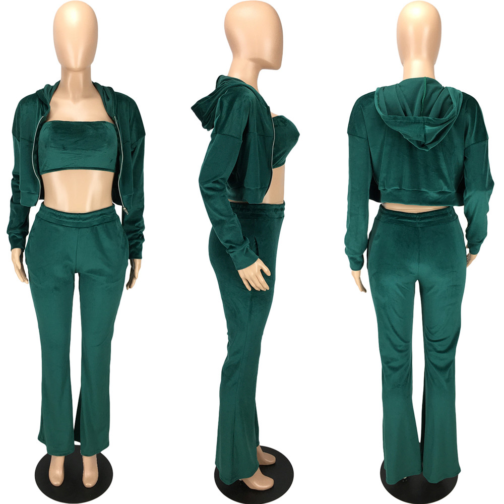 Fall Winter 3 Pieces Set Women Velvet Tracksuits Long Sleeve Sweatsuits Casual Hooded Jacket Tank Top Pants Matching Sets Velour Sports Suits Sportswe