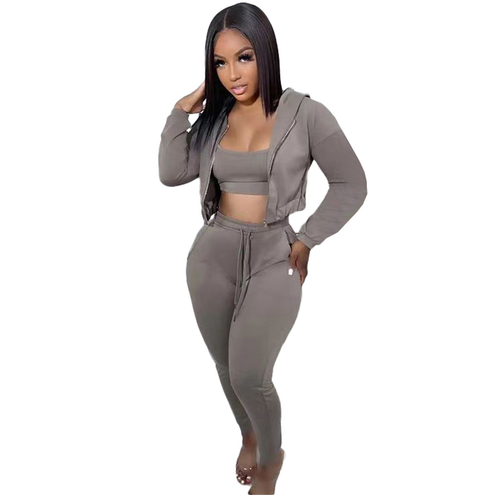 Fall Winter 3 Pieces Sets Women Tracksuits Long Sleeve Sweatsuits Casual Hooded Jacket Tank Top Pants Matching Sets Casual Sports Suits Sportswear 848