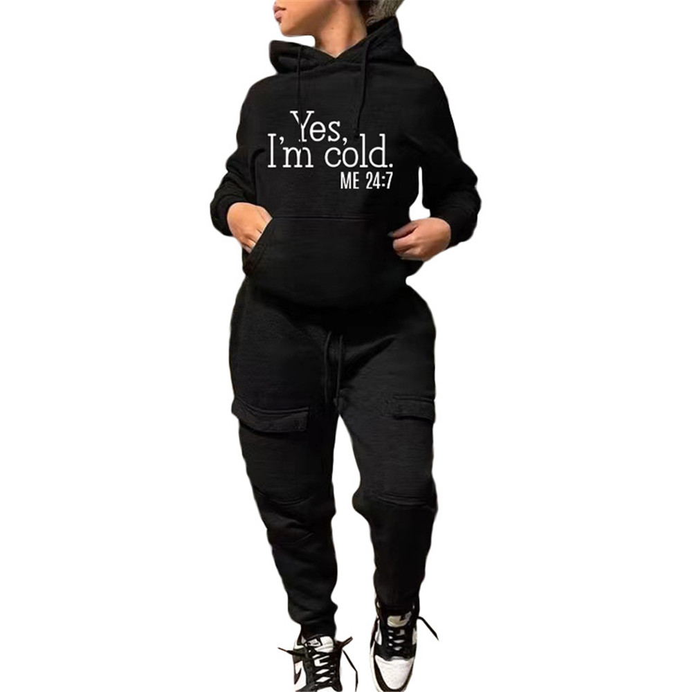 Plus Size 2XL Jogger Suits Women Tracksuits Fall Winter Clothing Hooded Hoodie and Pants Two Piece Set Casual Long Sleeve Sweatsuits Black Sportswear 