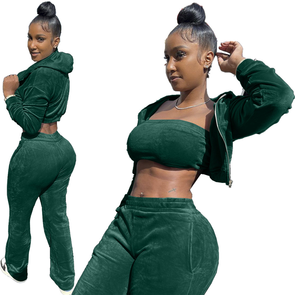 Fall Winter 3 Pieces Set Women Velvet Tracksuits Long Sleeve Sweatsuits Casual Hooded Jacket Tank Top Pants Matching Sets Velour Sports Suits Sportswe