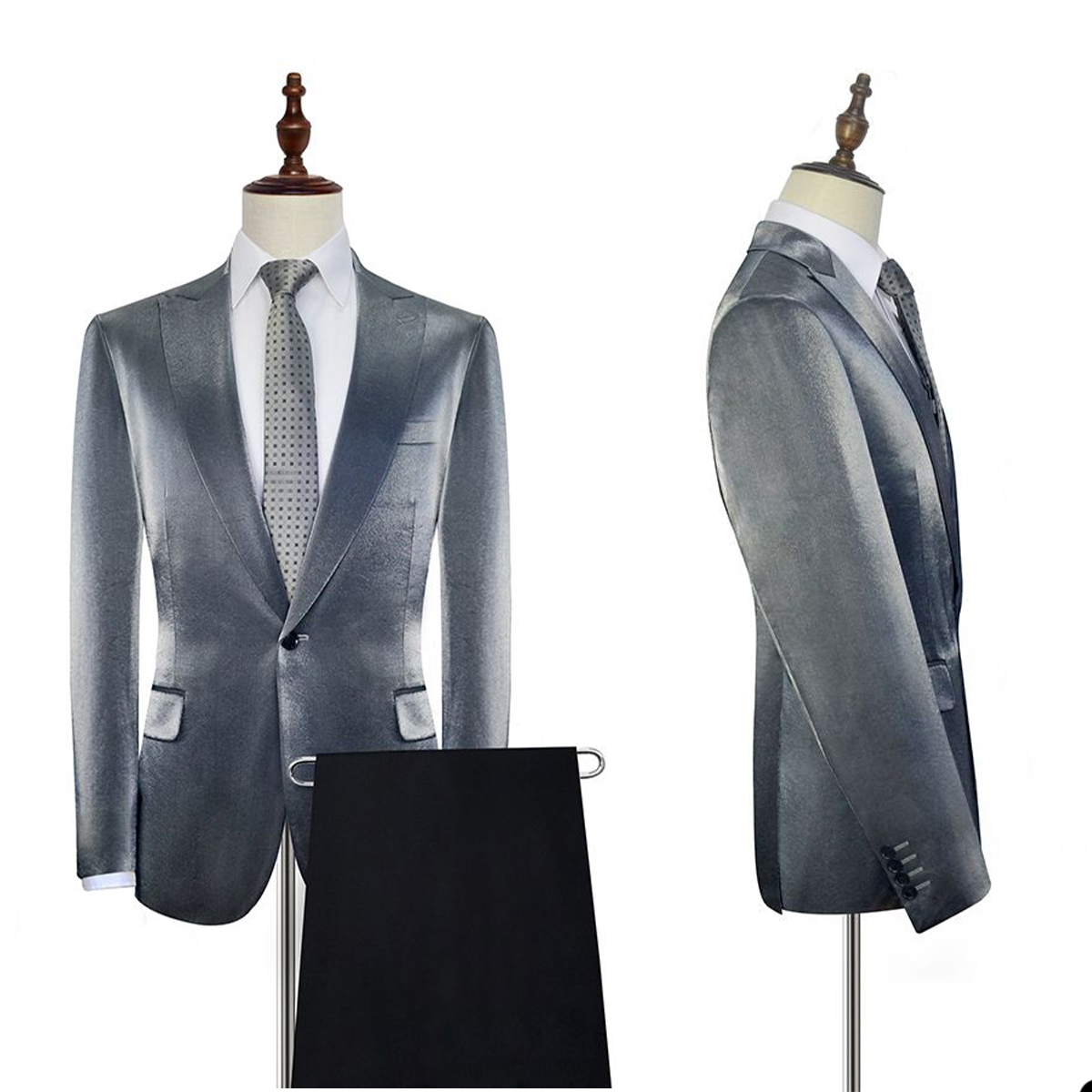 Two Pieces Wedding Tuxedos Men Suits Silvery Modern Formal Slim One Button Customized Fit Notched Lapel Three Outer Pockets Pants Bridegroom Side Vent