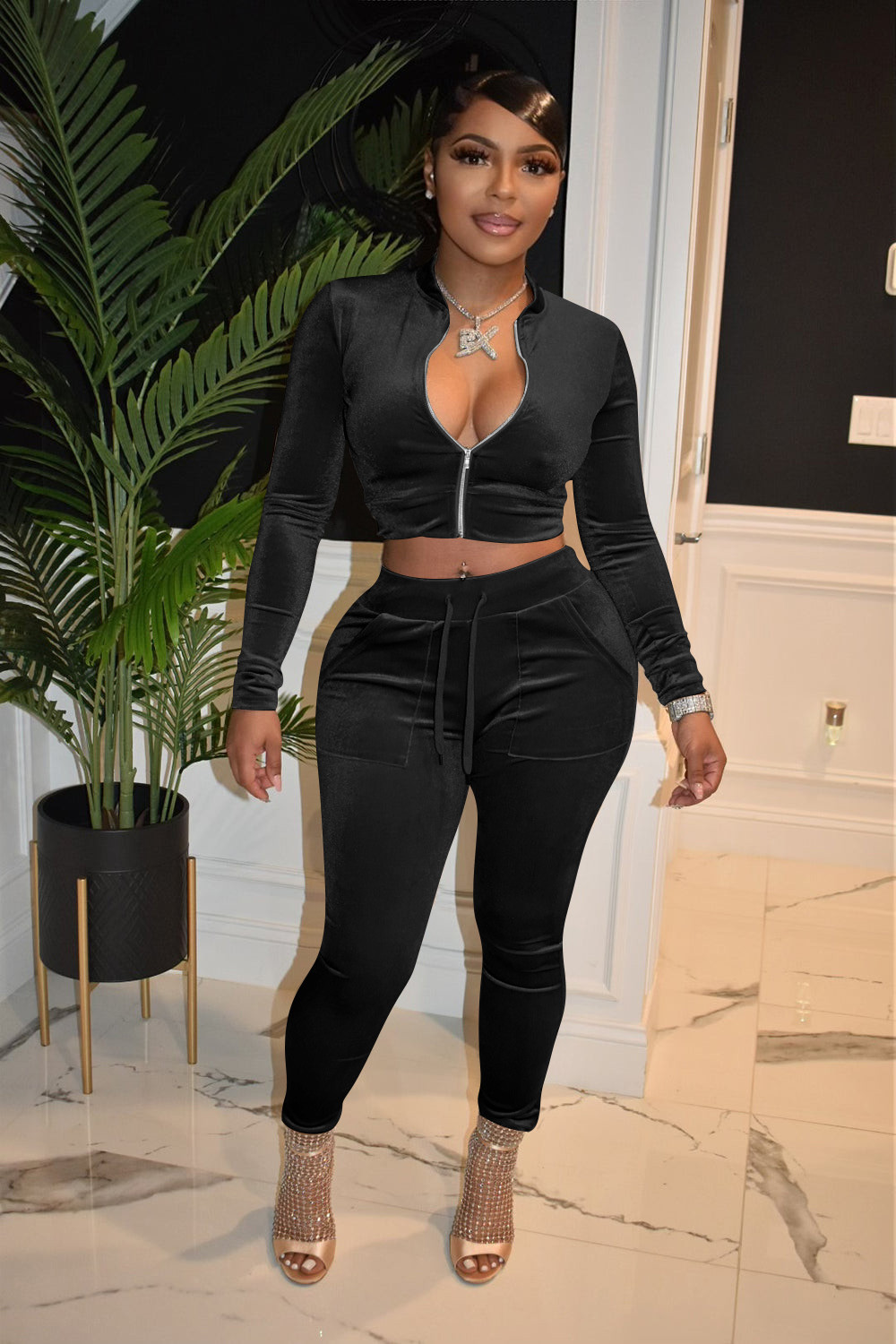 Wholesale Golden Velvet Tracksuits Women Two Piece Set Fall Winter Clothes Sweatsuits Long Sleeve Jacket And Pants Matching Sets Casual Velour Sportsw