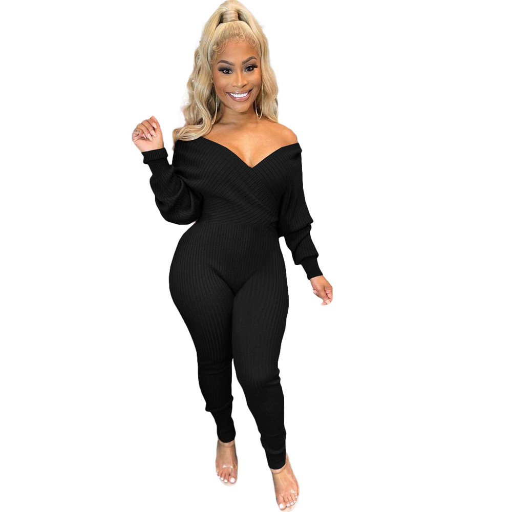 Bulk Knitted Ribbed Jumpsuits Women Long Sleeve Rompers Fall Winter Clothes Sexy V Neck Bodycon Jumpsuits Casual Solid Overalls Knit Jumpers Leggings 