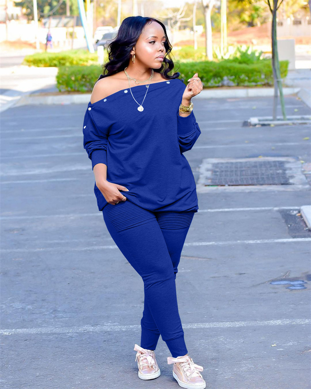 Plus size 3XL 4XL Outfits Women Tracksuits Two Piece Set Fall Winter Long Sleeve Skew Collar Pullover Top and Pants Casual Sweatsuits Solid Sport suit