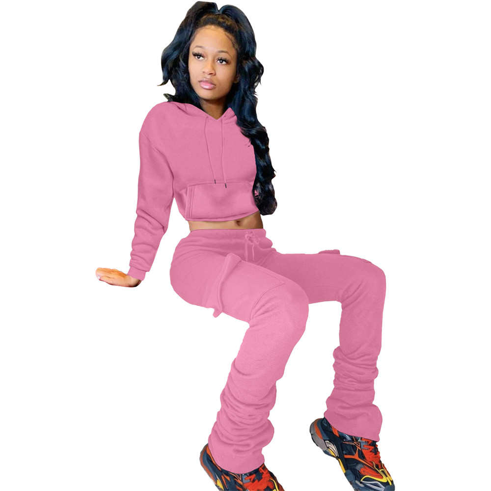 Fall Winter Fleece Tracksuits Women Clothes Jogger Suit Fall Pullover Hooded Hoodie and Stacked Pants Two 2 Piece Set Solid Outfits Casual Sports Suit